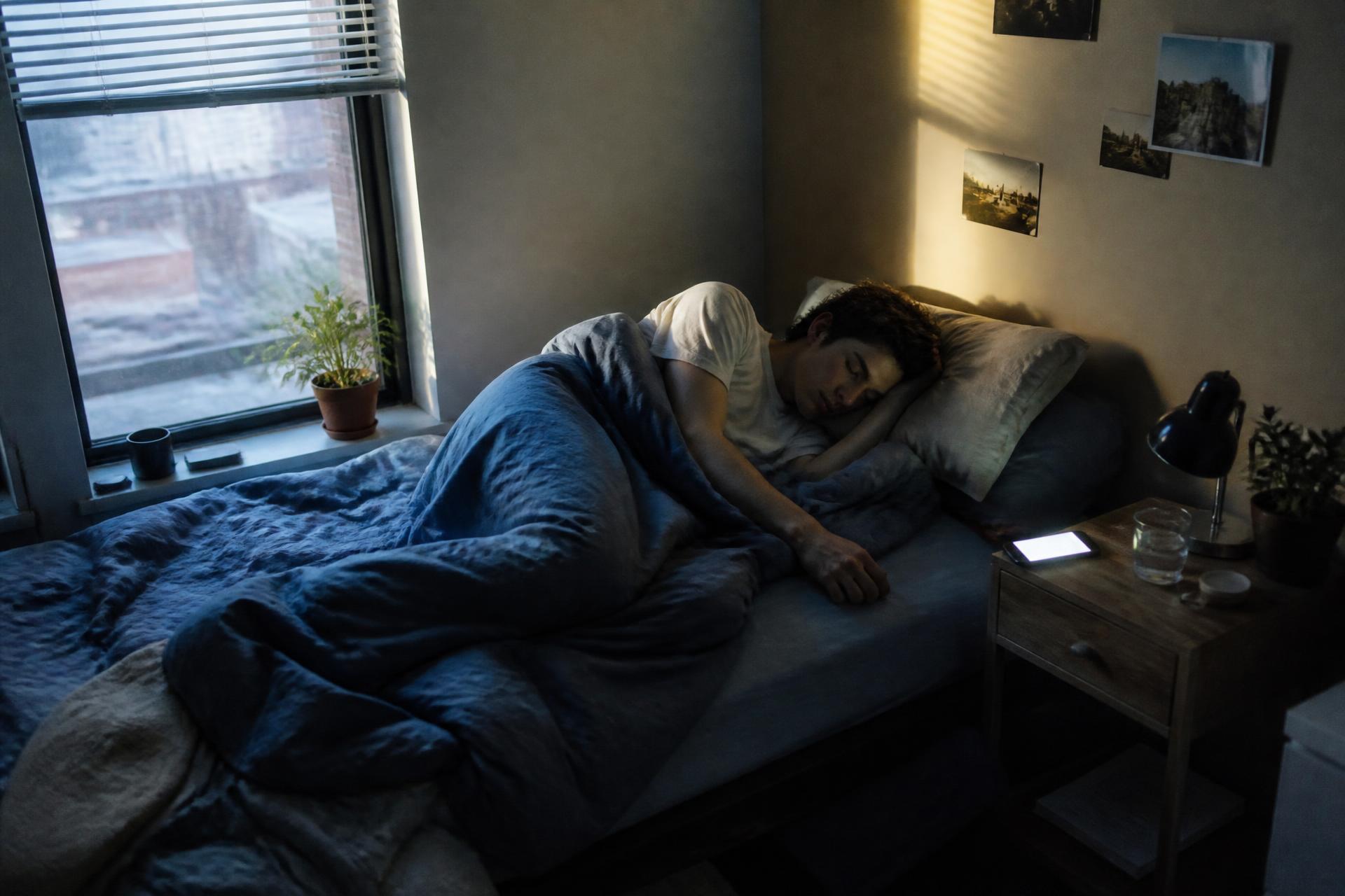 A student asleep in a dark dorm room at night